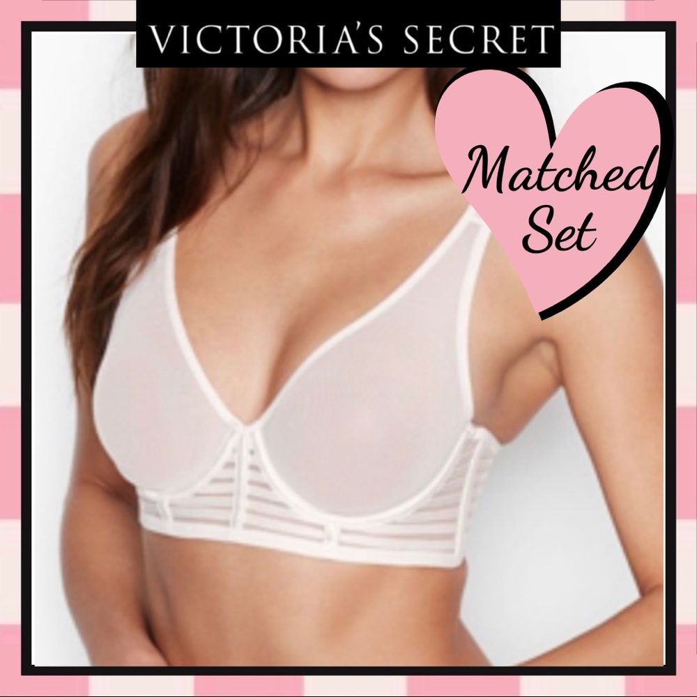 Victoria’s Secret 32DD & Small High Waist Thong Mesh Caged Bra Set Coconut White